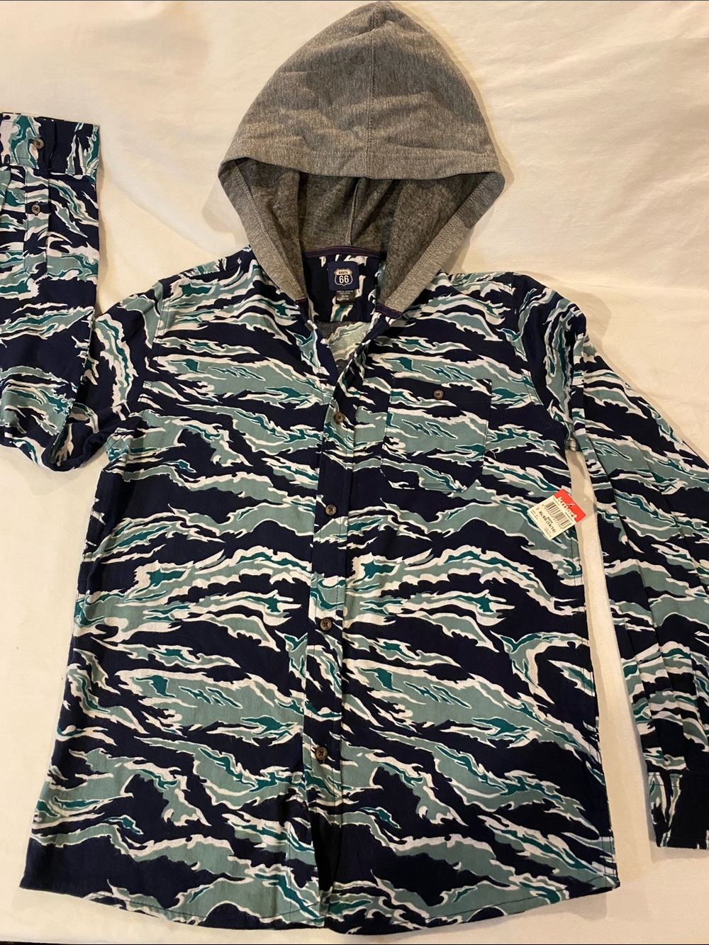 Route 66 Long Sleeve Flannel Button Down With Jersey Hood. Boys 14/16